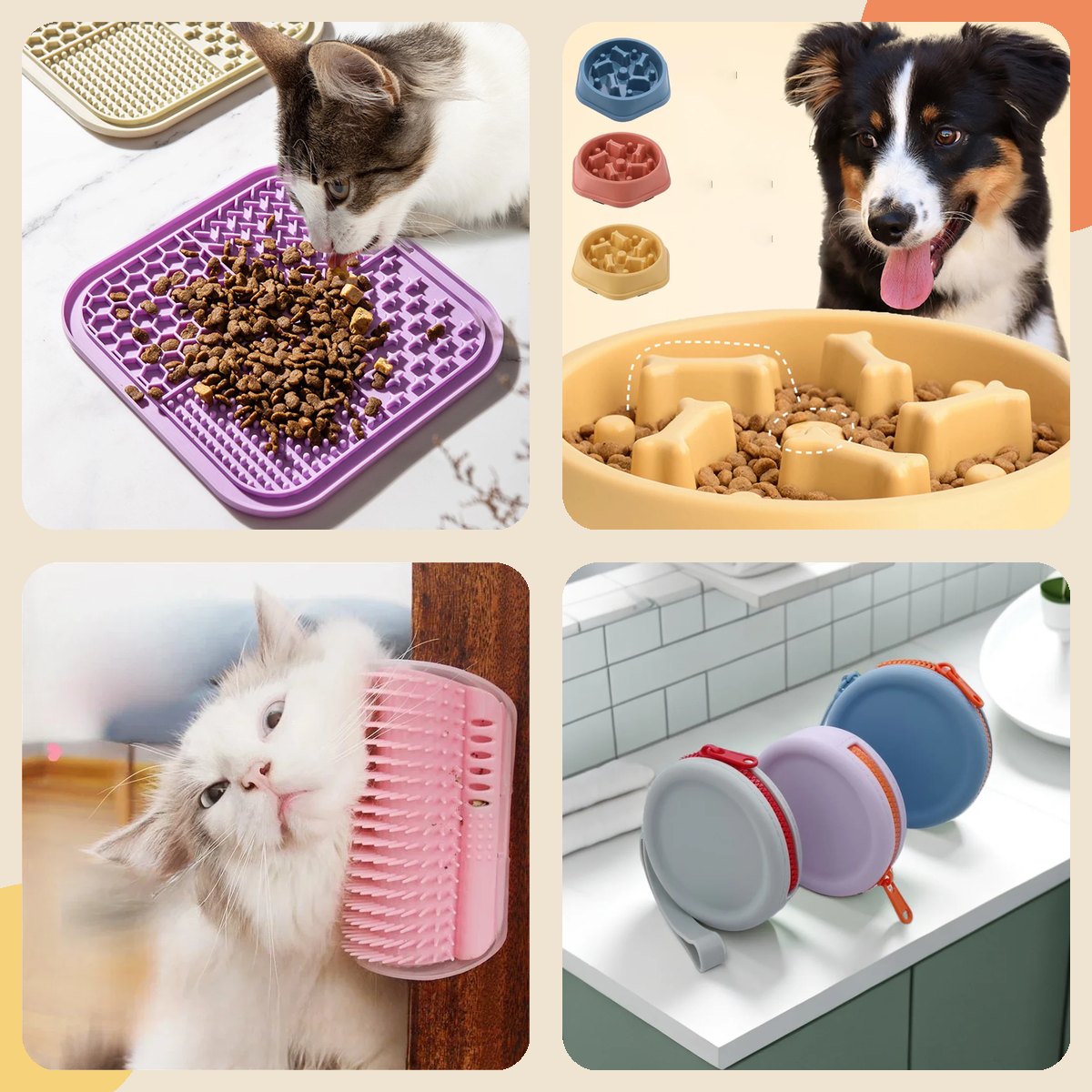Tailwell lick mat, slow-feeder bowl, cat self-groomer and treat pouch