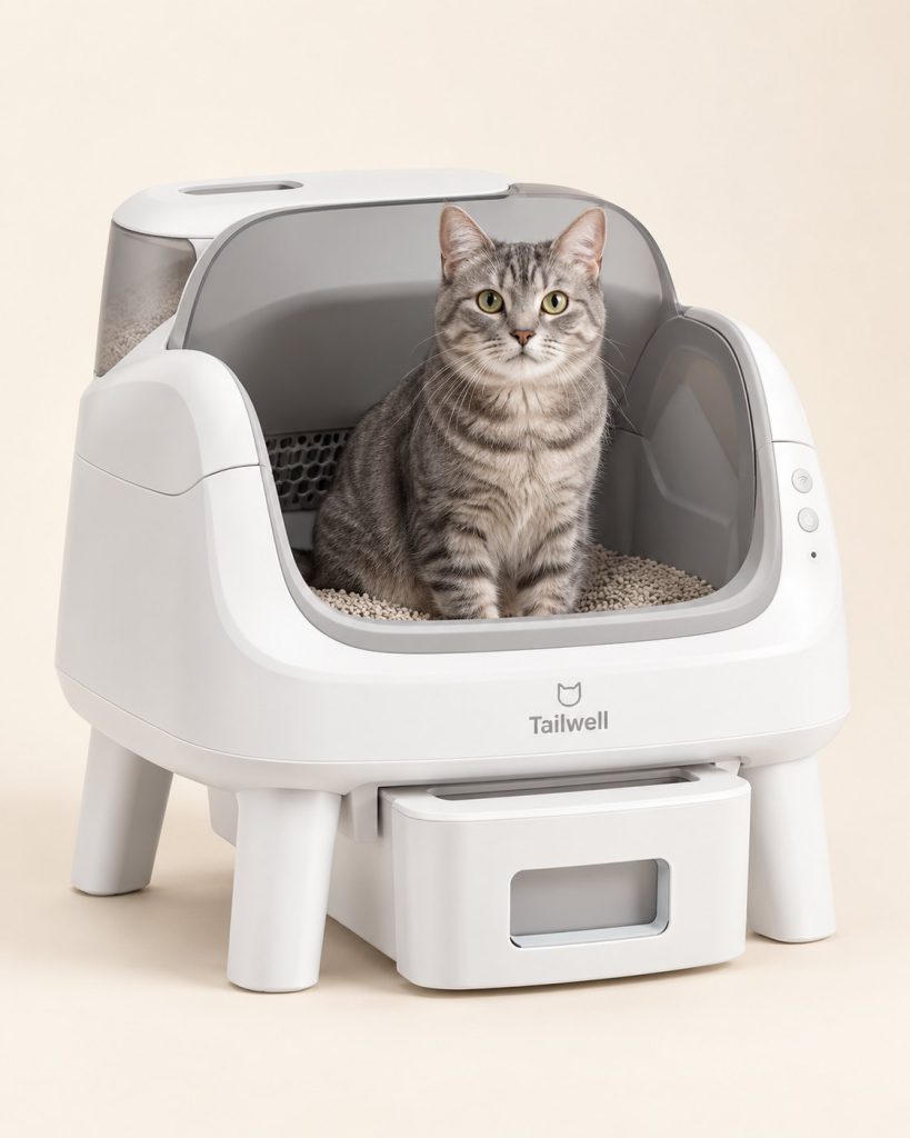 Cat sitting inside the Tailwell self-cleaning litter box
