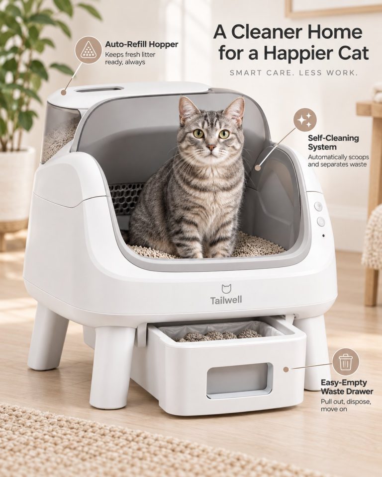 Features of the self-cleaning litter box: auto-refill hopper, self-cleaning system and easy-empty waste drawer