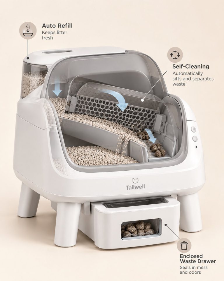 Cutaway of the litter box showing the self-cleaning drum and enclosed waste drawer