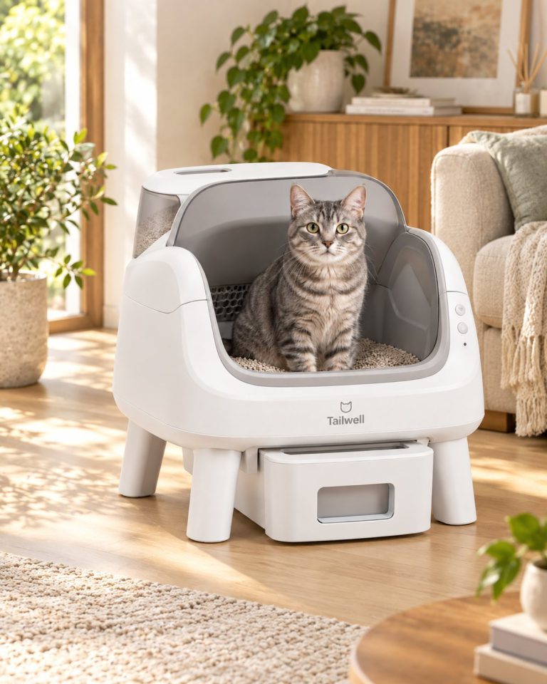 Self-cleaning litter box in a bright living room