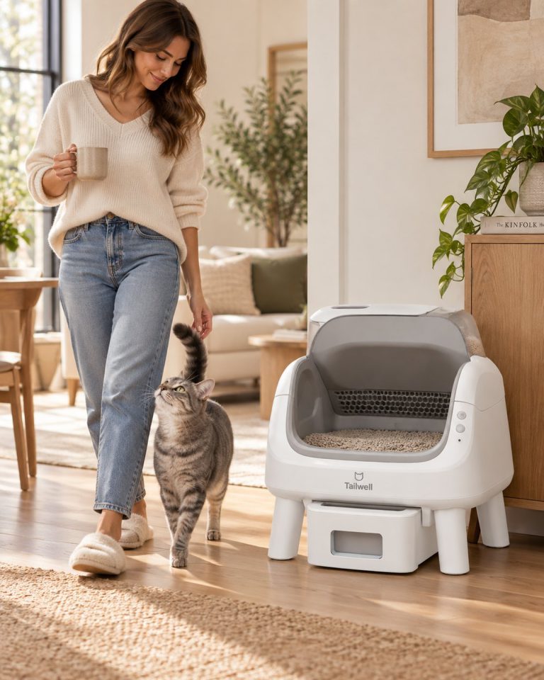 Cat owner walking past the self-cleaning litter box at home