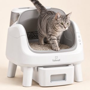 Tailwell self-cleaning cat litter box with a cat stepping out