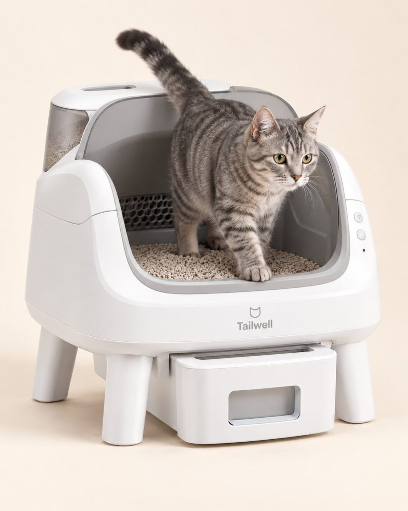 Tailwell self-cleaning cat litter box with a cat stepping out