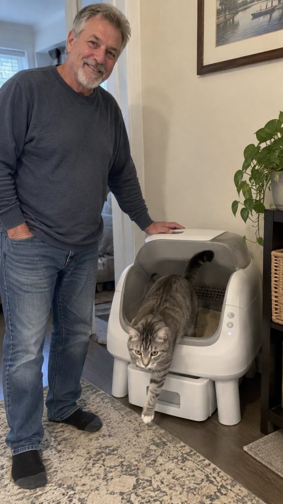 A cat stepping out of the self-cleaning litter box while its owner stands alongside