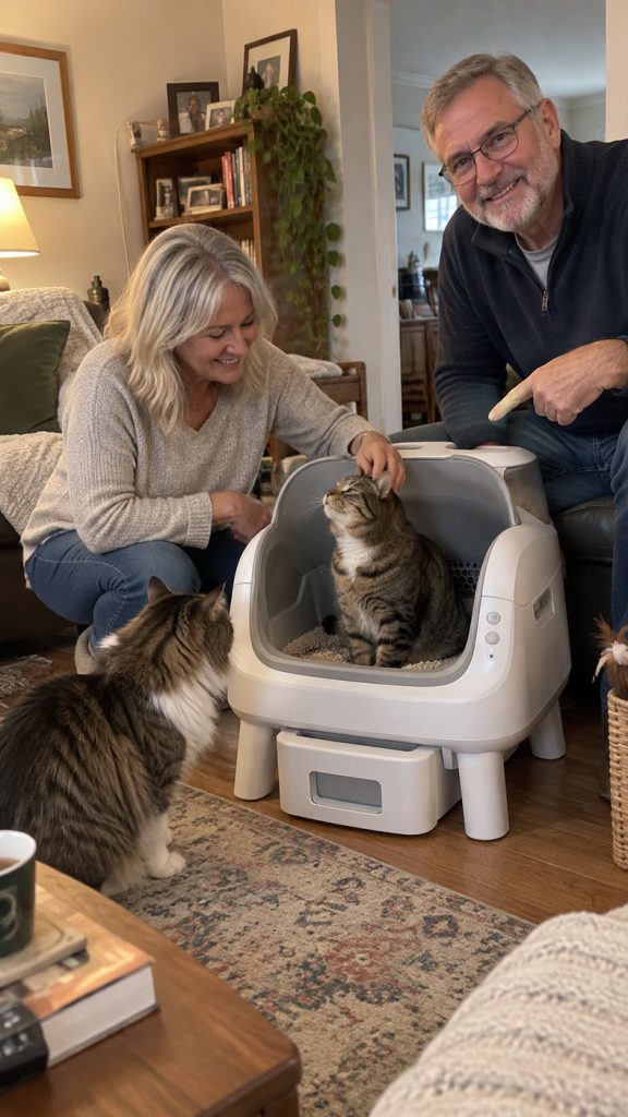 Two cats and their owners beside the self-cleaning litter box in a living room