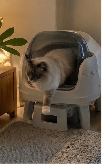A long-haired cat stepping down out of the litter box beside a houseplant