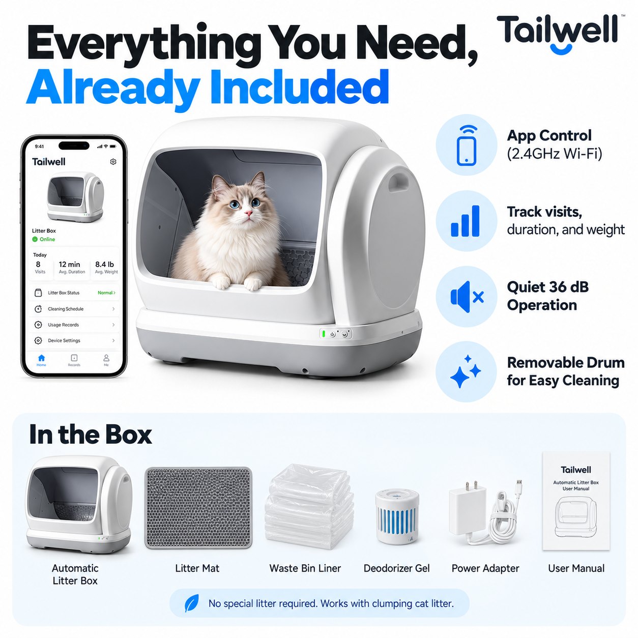 Everything included with the Tailwell XL self-cleaning litter box: the box, litter mat, waste bin liner, deodoriser gel, power adapter and user manual, plus app control, visit tracking, 36 dB operation and a removable drum