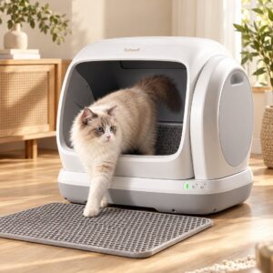 A cat stepping out of the Tailwell XL self-cleaning litter box onto its litter mat