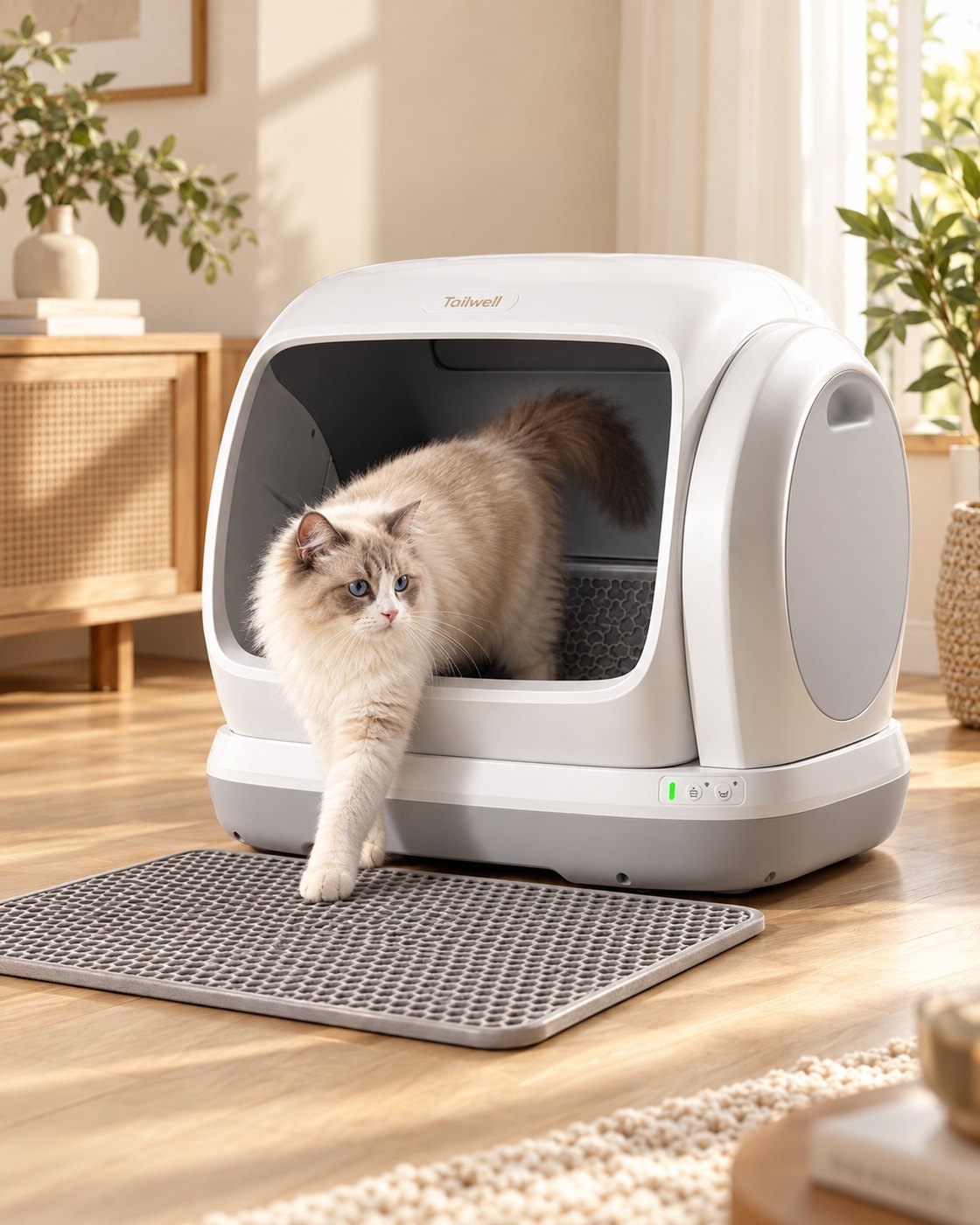 A cat stepping out of the Tailwell XL self-cleaning litter box onto its litter mat