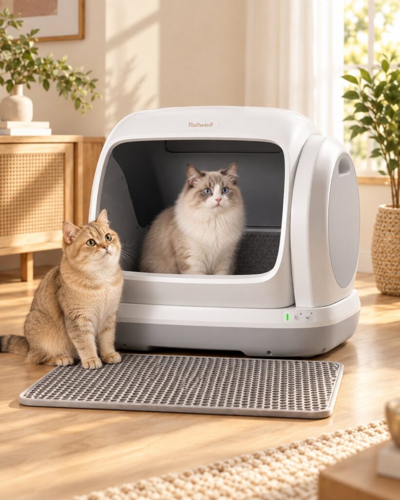 Two cats beside the Tailwell XL self-cleaning litter box, one sitting inside it
