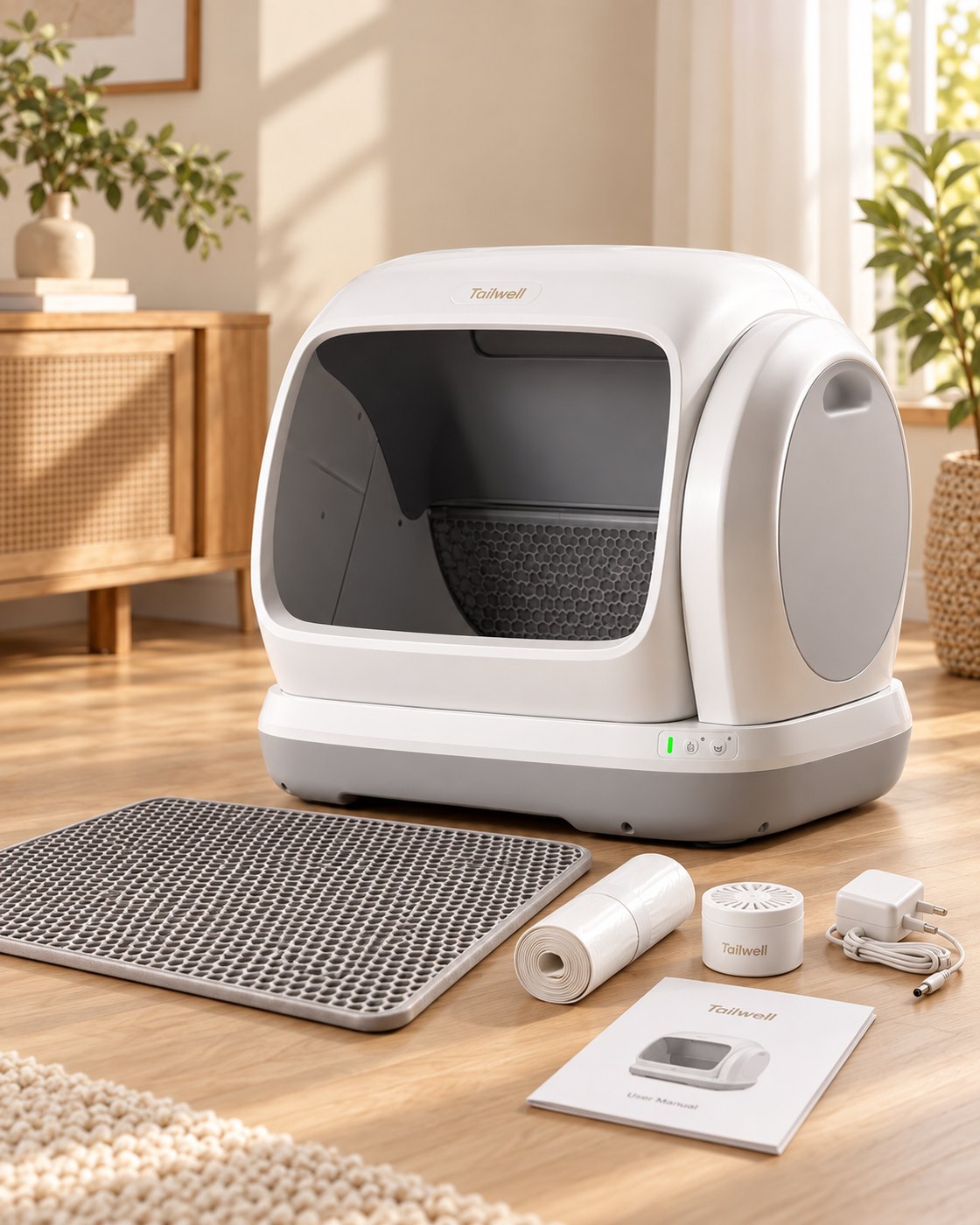 The Tailwell XL self-cleaning litter box with its included mat, waste liner, deodoriser and manual laid out beside it