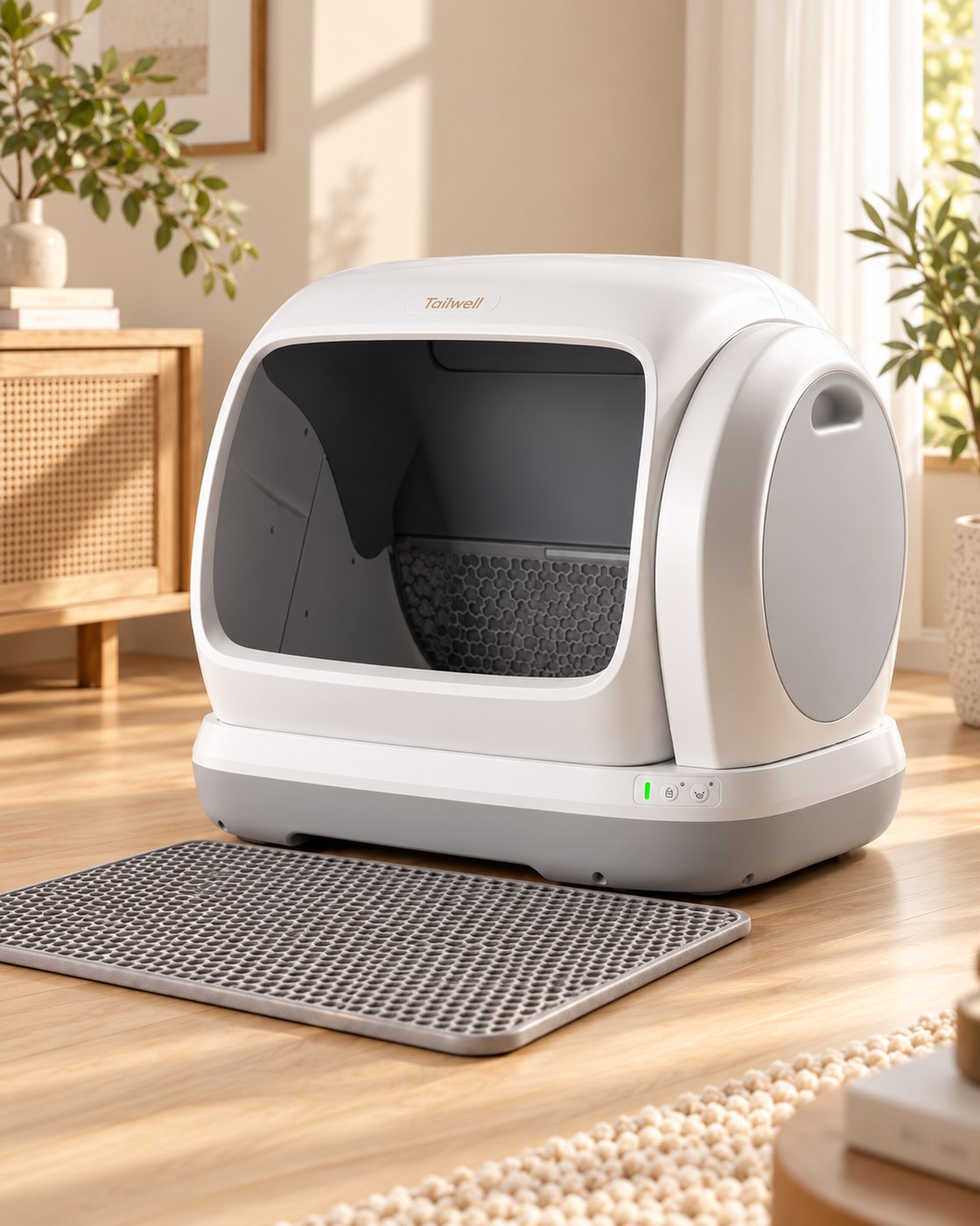 The Tailwell XL self-cleaning litter box in a sunlit living room