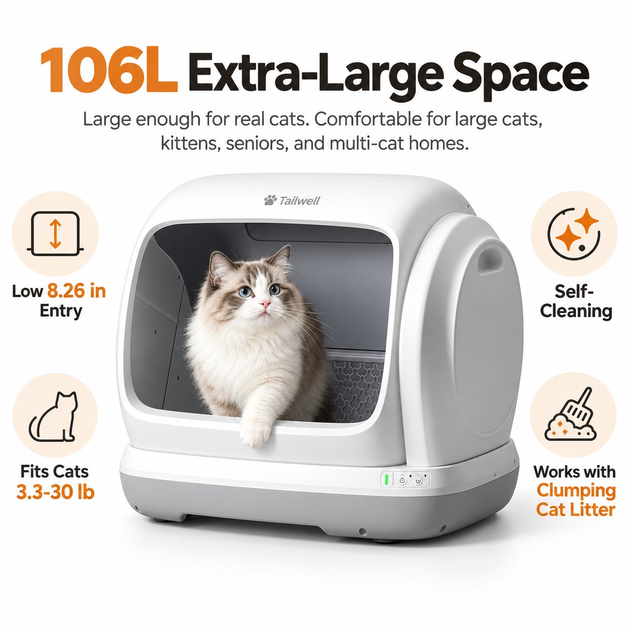 Tailwell XL self-cleaning litter box: 106 litre extra-large space, low 8.26 in entry, fits cats 3.3–30 lb, works with clumping litter