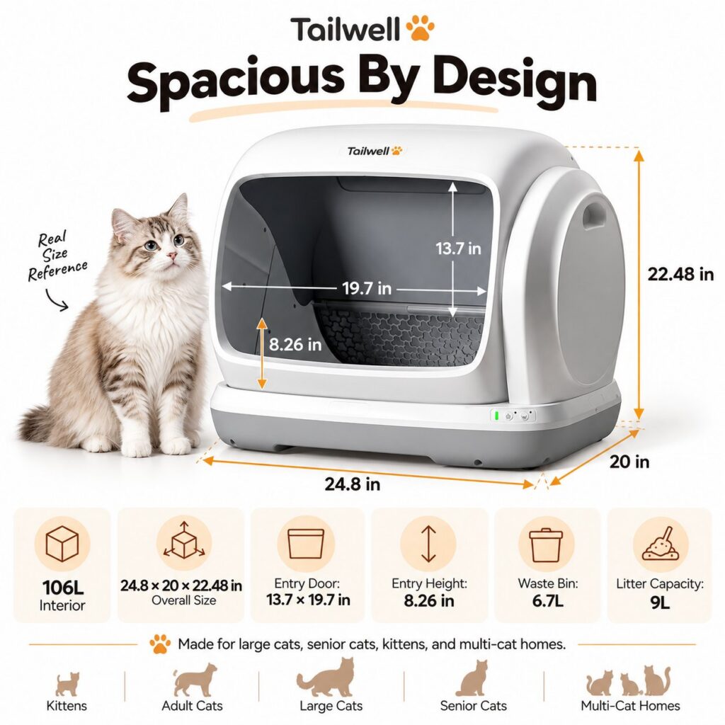Dimensions of the Tailwell XL self-cleaning litter box: 24.8 × 20 × 22.48 in overall, 13.7 × 19.7 in entry door, 8.26 in entry height, 6.7 L waste bin, 9 L litter capacity