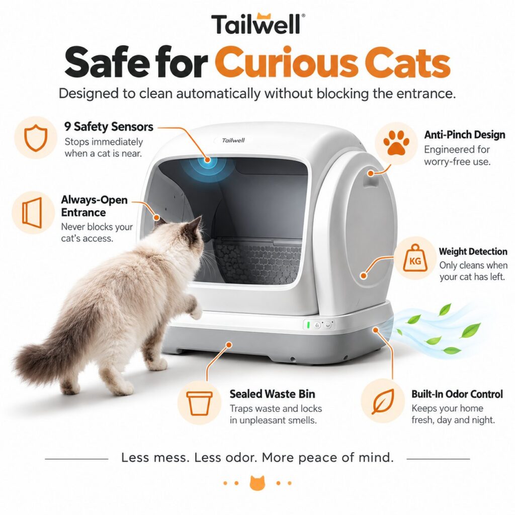 Safety features of the Tailwell XL self-cleaning litter box: 9 safety sensors, anti-pinch design, always-open entrance, weight detection, sealed waste bin and built-in odour control